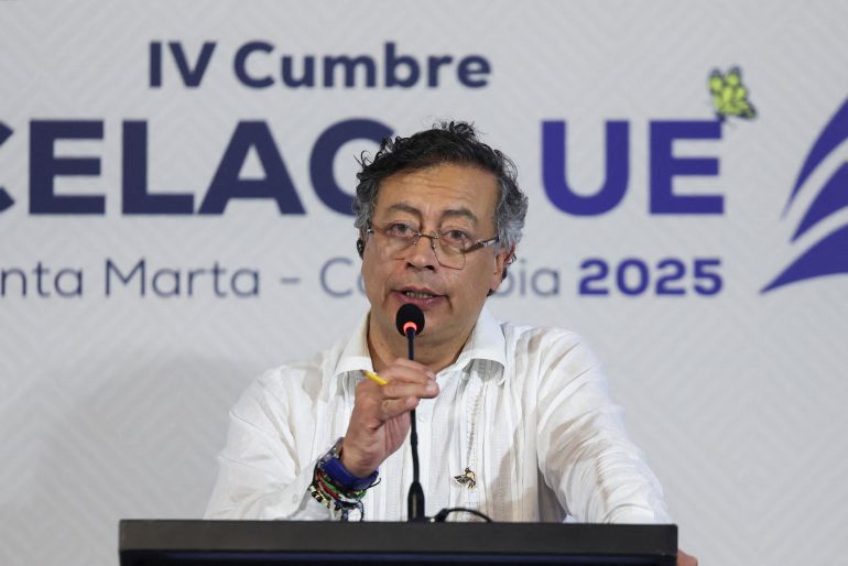 Colombian President Gustavo Petro speaks during a press conference on the day of the EU-CELAC summit, which brings together leaders from Latin American, Caribbean nations and EU member states to discuss trade and investment, in Santa Marta, Colombia, November 9, 2025.